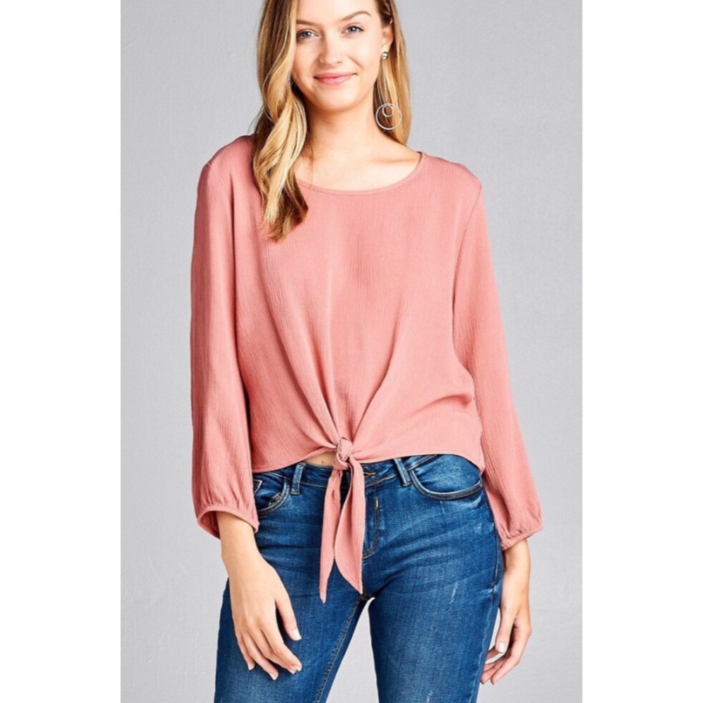 Rose Crinkle Tie Front Top